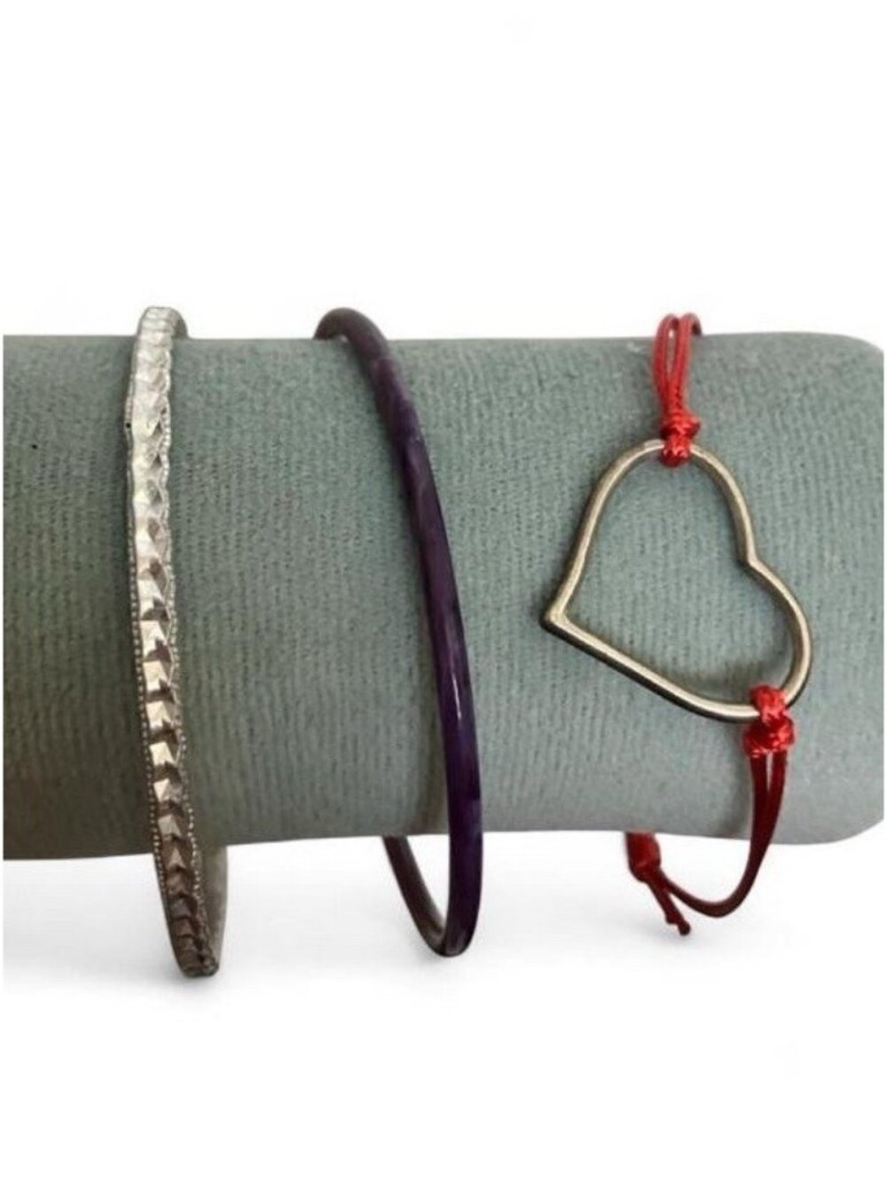 Mixed Bracelet Set Silver Purple Bangle Heart Red Cord Bracelet 3 Piece